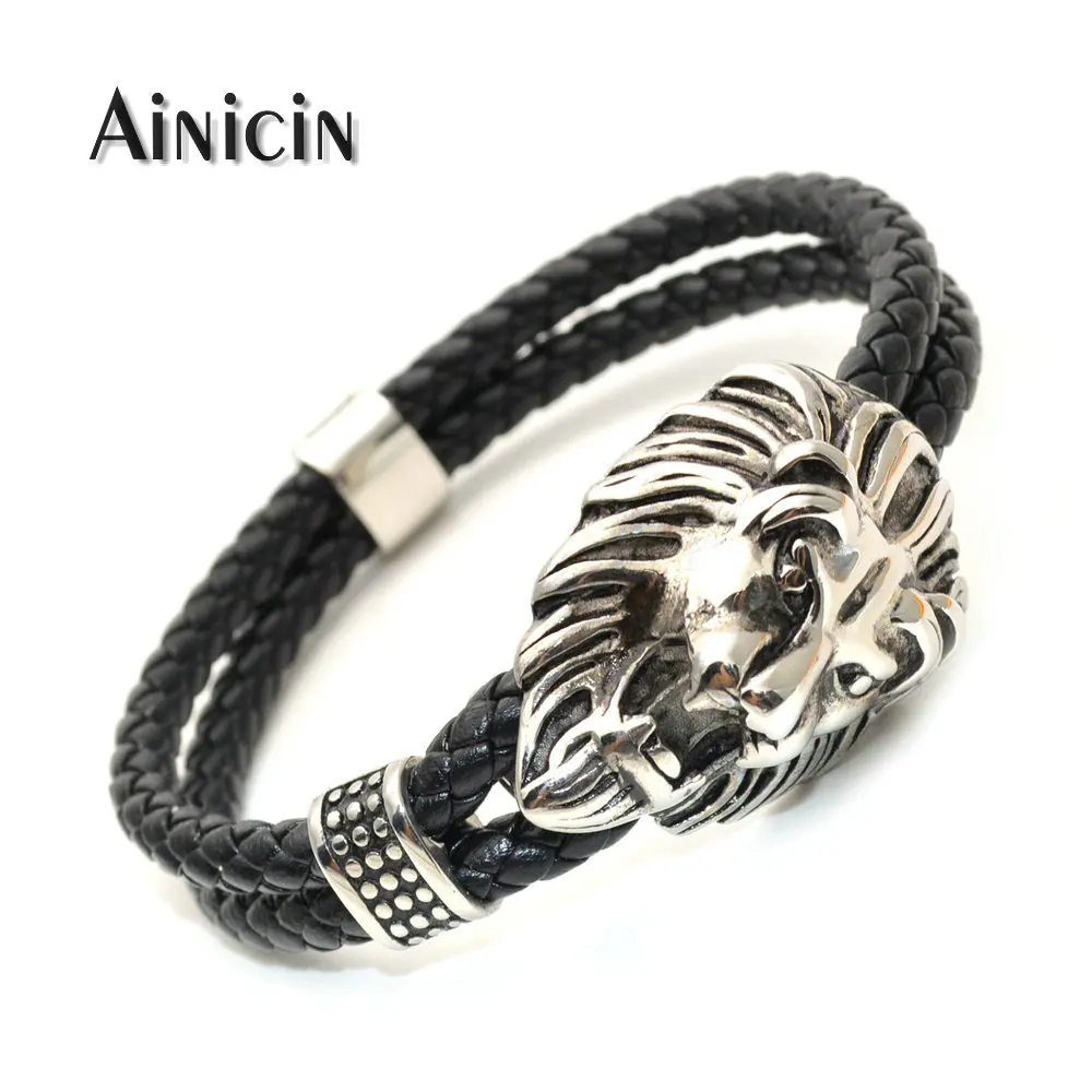 Stainless Steel British Royal Lion Head Double Row Genuine Leather Bracelets Powerful Fashion Men's Bangle Gift 5pcs/lot | Украшения и