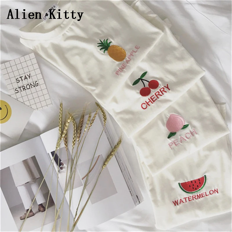 Alien Kitty 2018 Summer New Women Tops Letters Fruits Embroidery O-Neck T-shirts Female Popular Short-sleeved Basic T-shirt
Alien Kitty 2018 Summer New Women Tops Letters Fruits Embroidery O-Neck T-shirts Female Popular Short-sleeved Basic T-shirt