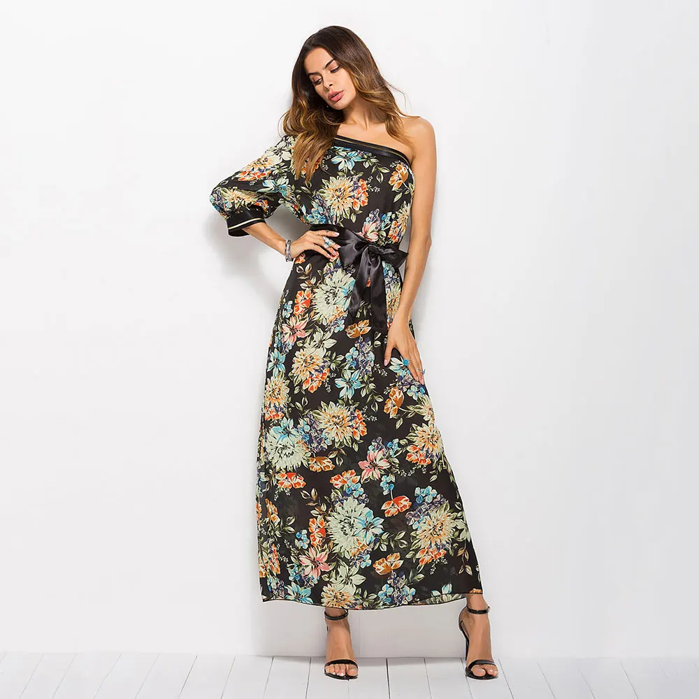 Bohemian long Chiffon One shoulder Dress Slash Neck Floral Print Side Slit 3/4 sleeve belt tie Vintage wrap Sexy beach Dresses
Bohemian long Chiffon One shoulder Dress Slash Neck Floral Print Side Slit 3/4 sleeve belt tie Vintage wrap Sexy beach Dresses