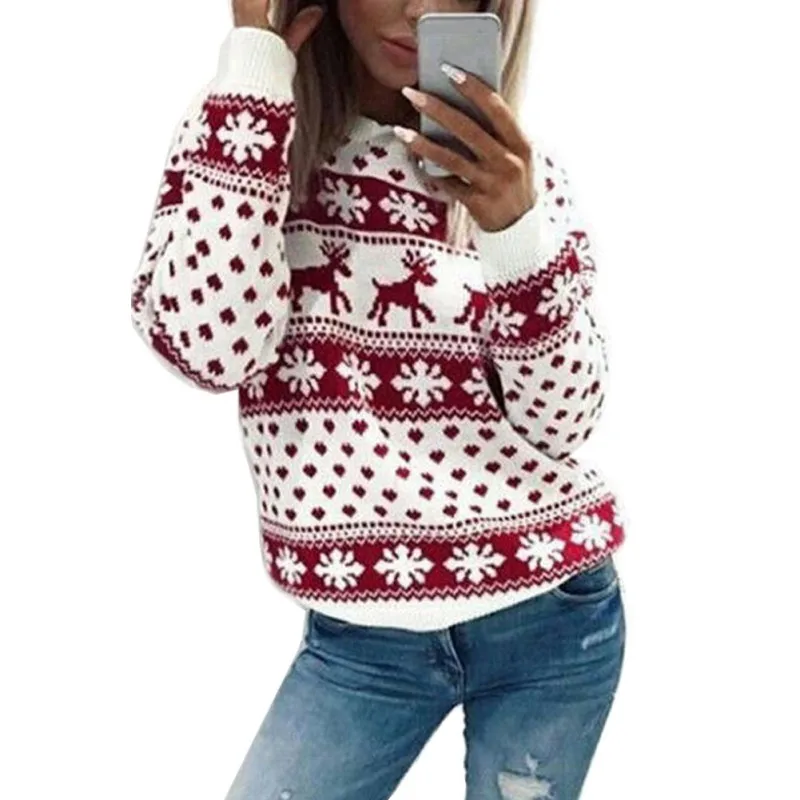 Женский винтажный свитер вязаный с рисунком рождественского оленя и снежинок 2018