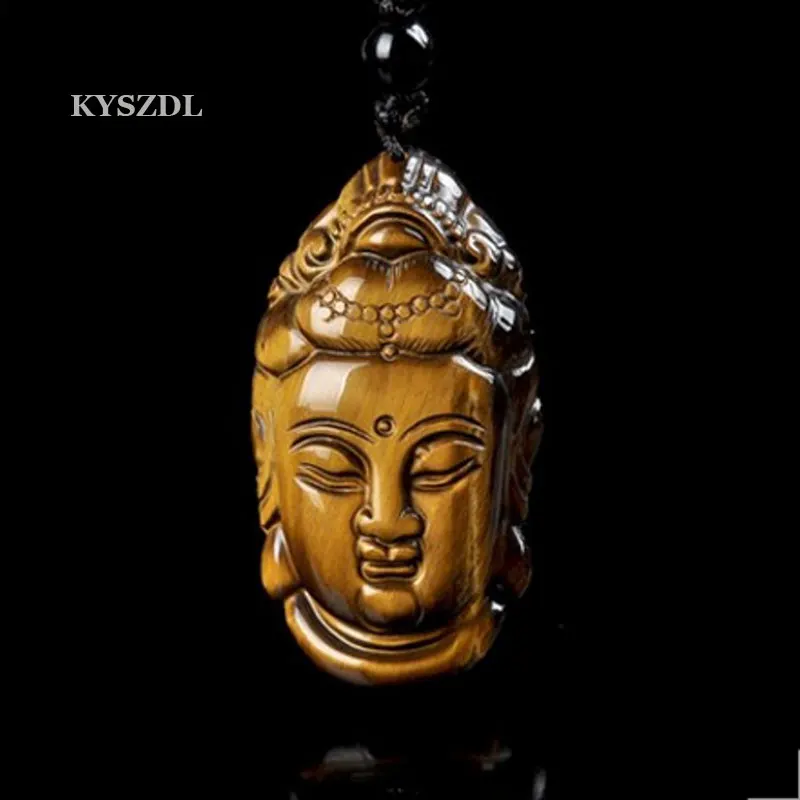 

KYSZDL Natural Yellow Tiger Eye stone Pendant Handcarved Guanyin Head Pendant For Lucky Buddha Pendant Man Amulet Free Rope