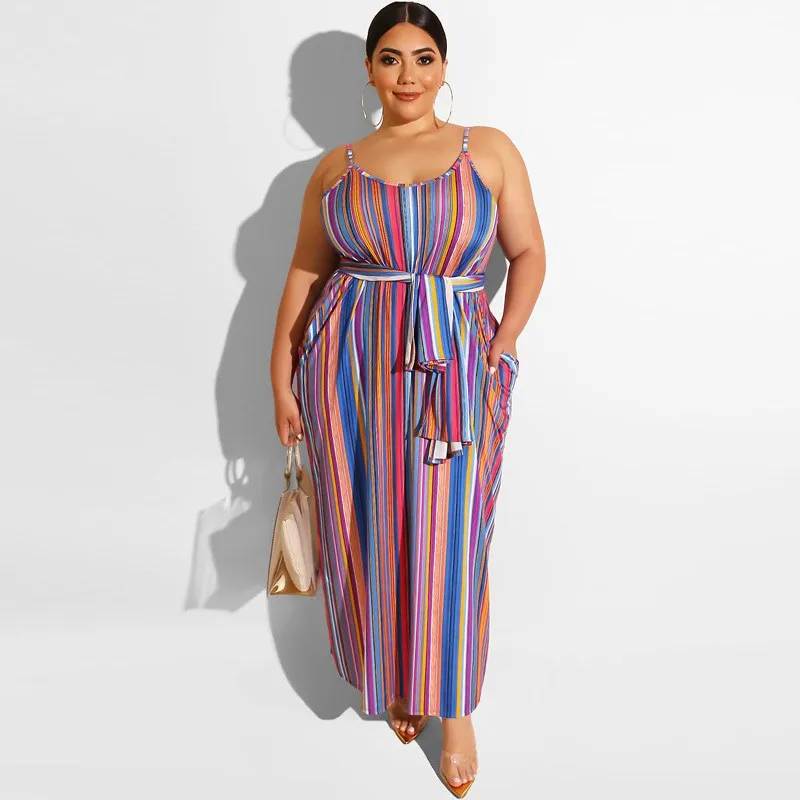 2019 Women Casual Plus Size Stripe Dress Loose Spaghetti Strap Print Long Holiday Lace Up Summer | Женская одежда