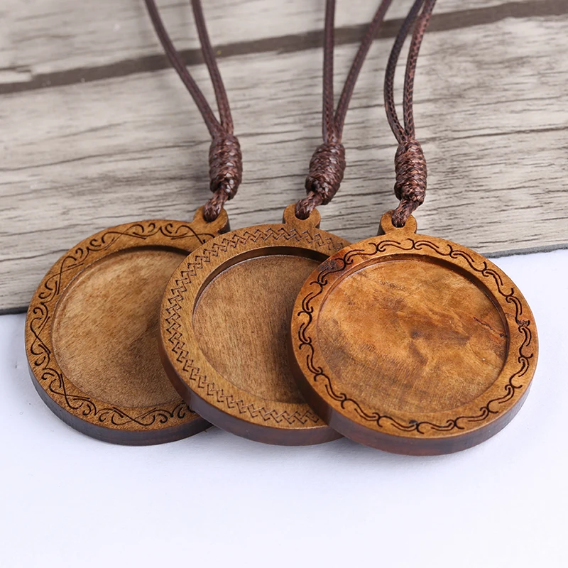 

reidgaller 5pcs wood cabochon trays 30mm dia blank pendant bezel tray settings with leather cord for necklace jewelry making