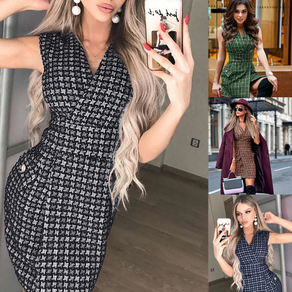 Womail Polyester Material Plaid Design V-Neck High Quality Sheath Sleeveless Hot Sale Comfortable Sexy Dress Women 19MAR28