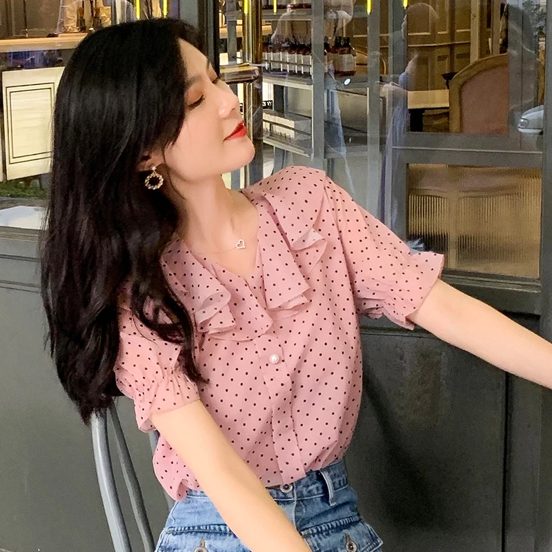Korean Style Women's Blouse Chiffon Polka Dot Pink Ruffle Ladies Fashion Woman Blouses 2019 Loose Short Sleeve Blouse Women S-XL
Korean Style Women's Blouse Chiffon Polka Dot Pink Ruffle Ladies Fashion Woman Blouses 2019 Loose Short Sleeve Blouse Women S-XL