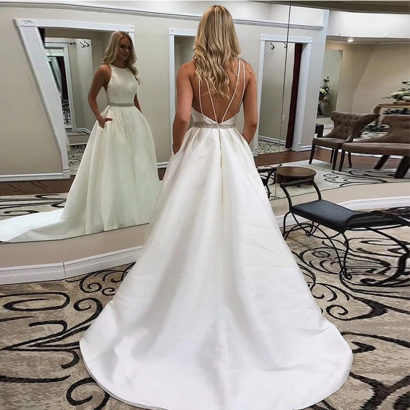 Simple A-line Wedding Dresses Sleeveless Custom Made White Ivory Satin Vestido De Novia Crystal Sash Sweep Train Bridal Dress
Simple A-line Wedding Dresses Sleeveless Custom Made White Ivory Satin Vestido De Novia Crystal Sash Sweep Train Bridal Dress