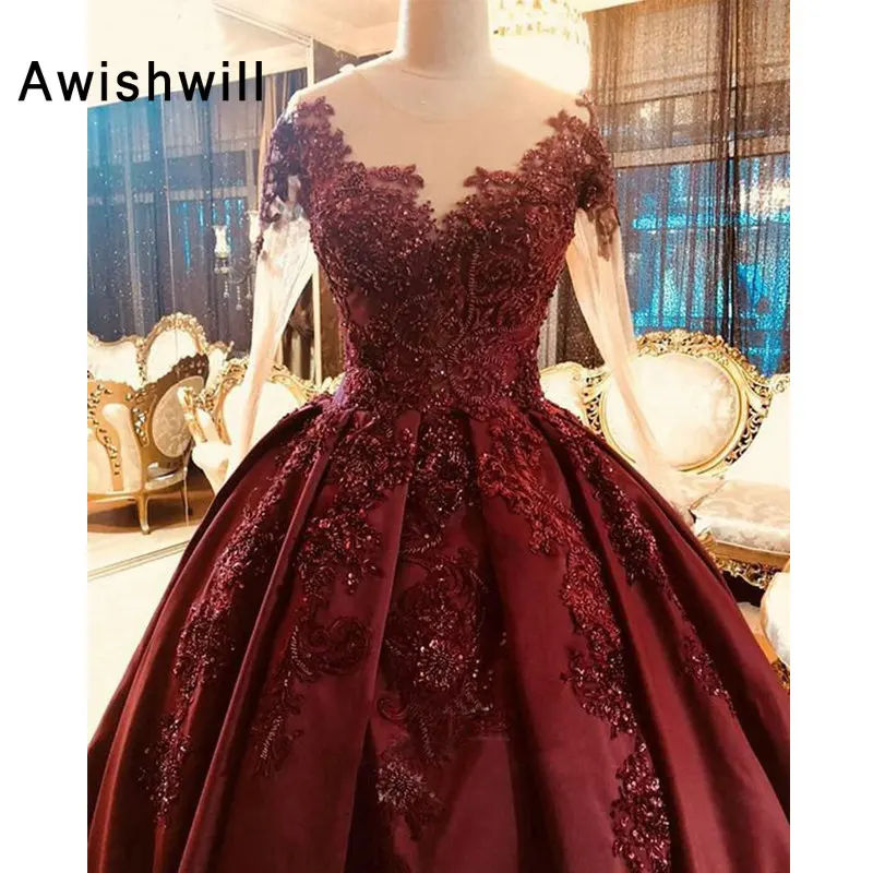 2 Luxury Arabic Style Evening Dresses 2019 Sheer Long Sleeve Heavy Beaded Burgundy Ball Gown Formal Evening Gowns robe de soiree