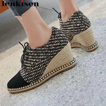 Lenkisen kid suede patchwork wedges straw pwaterproof lace up women pumps pointed toe high heels European designer shoes L07
Lenkisen kid suede patchwork wedges straw pwaterproof lace up women pumps pointed toe high heels European designer shoes L07