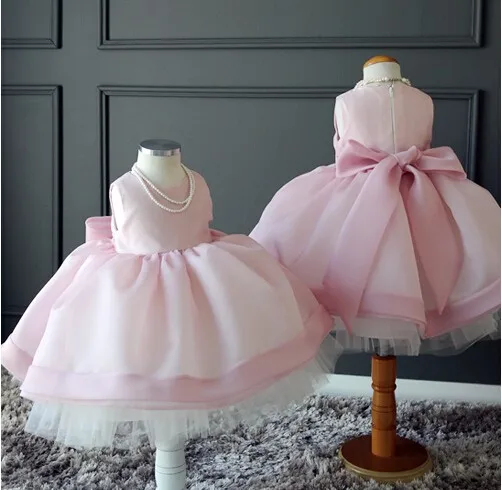 Knee Length Pink Infant Girls Birthday Dress with Bow Flower Girls Dresses for Wedding Custom Size