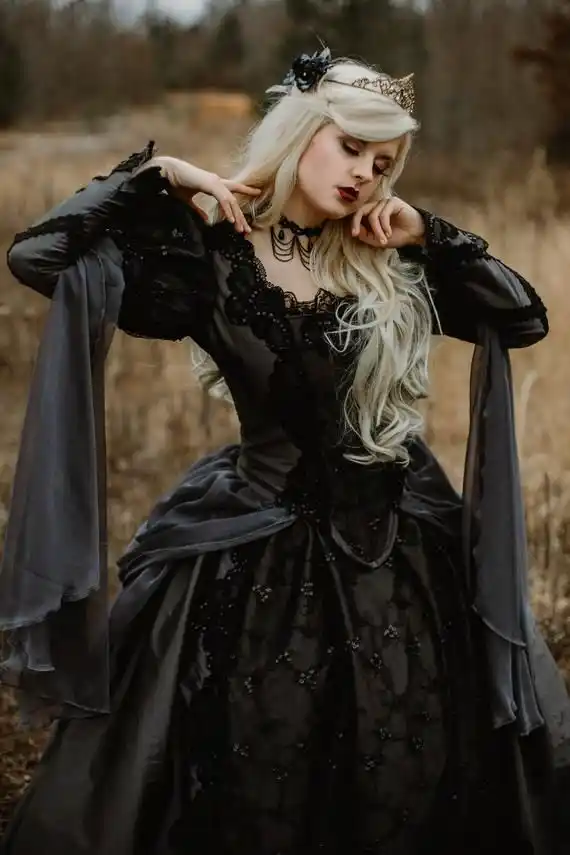 Medieval Gothic Wedding Dresses With Long Sleeve Black Lace Plus