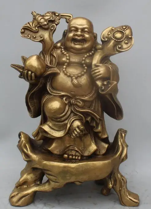 S5150 12"Marked Chinese Bronze Happy Laugh Maitreya Buddha Hold Peach Ruyi Base Statue