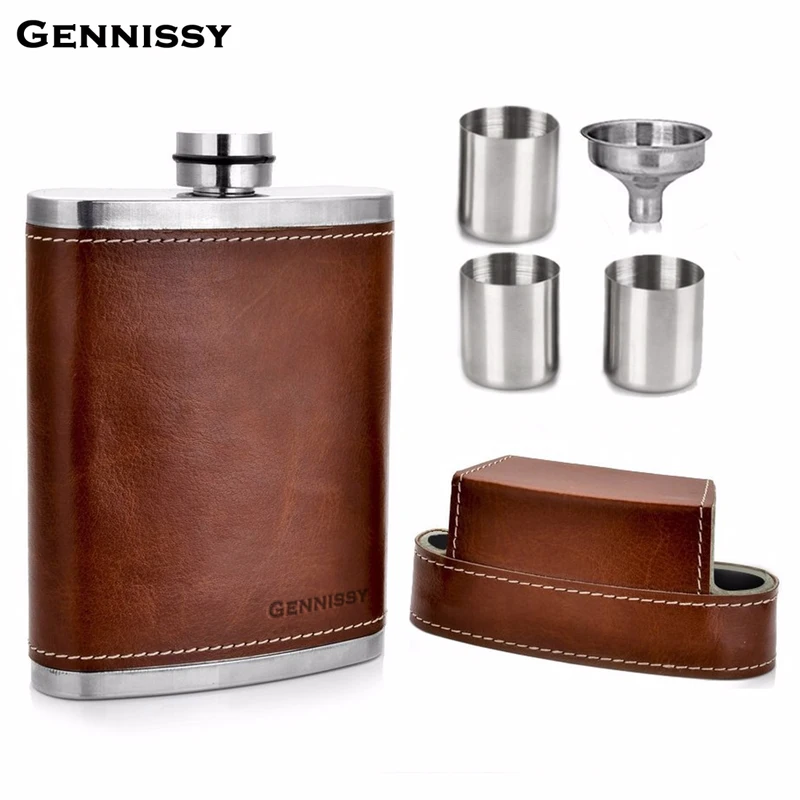 

CARRYWON 8oz Leather Covered Hip Flask With Caps Stainless Steel Flask For Alcohol Outdoor Travel Essential Goods For Men