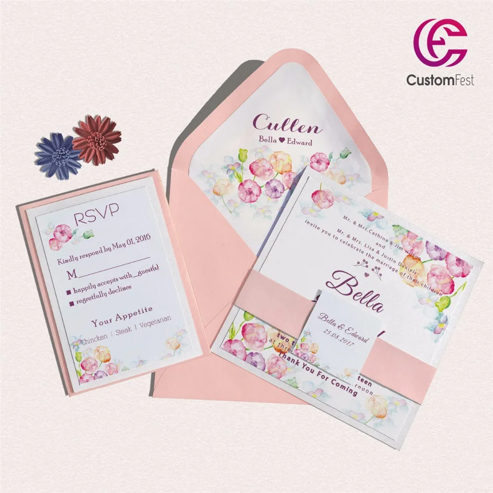 30pcs/lot color floral design with personalized liner envelop pink and gold invitation and RSVP set L202S033
30pcs/lot color floral design with personalized liner envelop pink and gold invitation and RSVP set L202S033