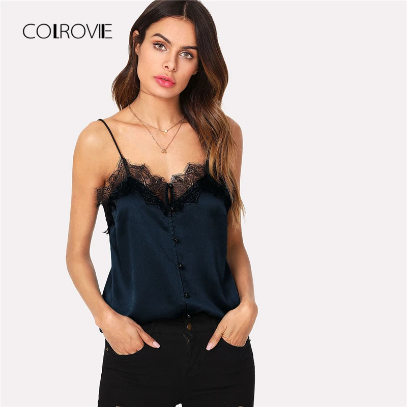 

COLROVIE Black Sexy Button Front Lace Cami Top Tee 2018 Mustard Summer Blue Tops Solid Vest Strap Female Camisole Women Clothing