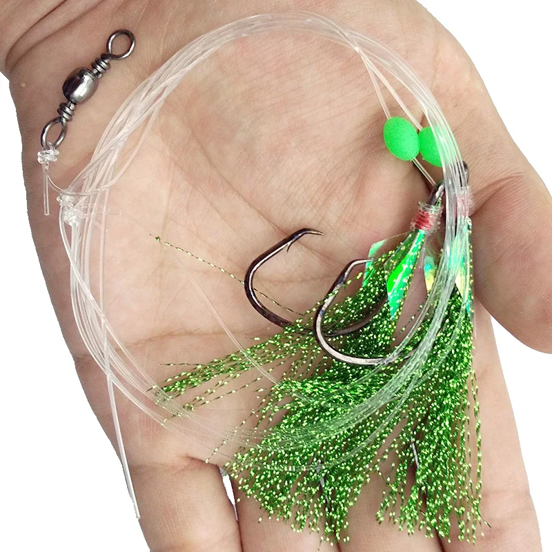 Hyaena-10pcs-Lot-Fish-Skin-Bait-Sabiki-Rigs-2-Arm-Big-Hooks-Sea-Fishing-Green-Flasher