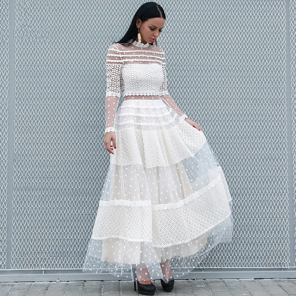 European Sexy Women Perspective Long Sleeve Mesh Lace Patchwork White Dot Pleated Long Dress 2019 Vaction Bohemian Maxi Dress
European Sexy Women Perspective Long Sleeve Mesh Lace Patchwork White Dot Pleated Long Dress 2019 Vaction Bohemian Maxi Dress