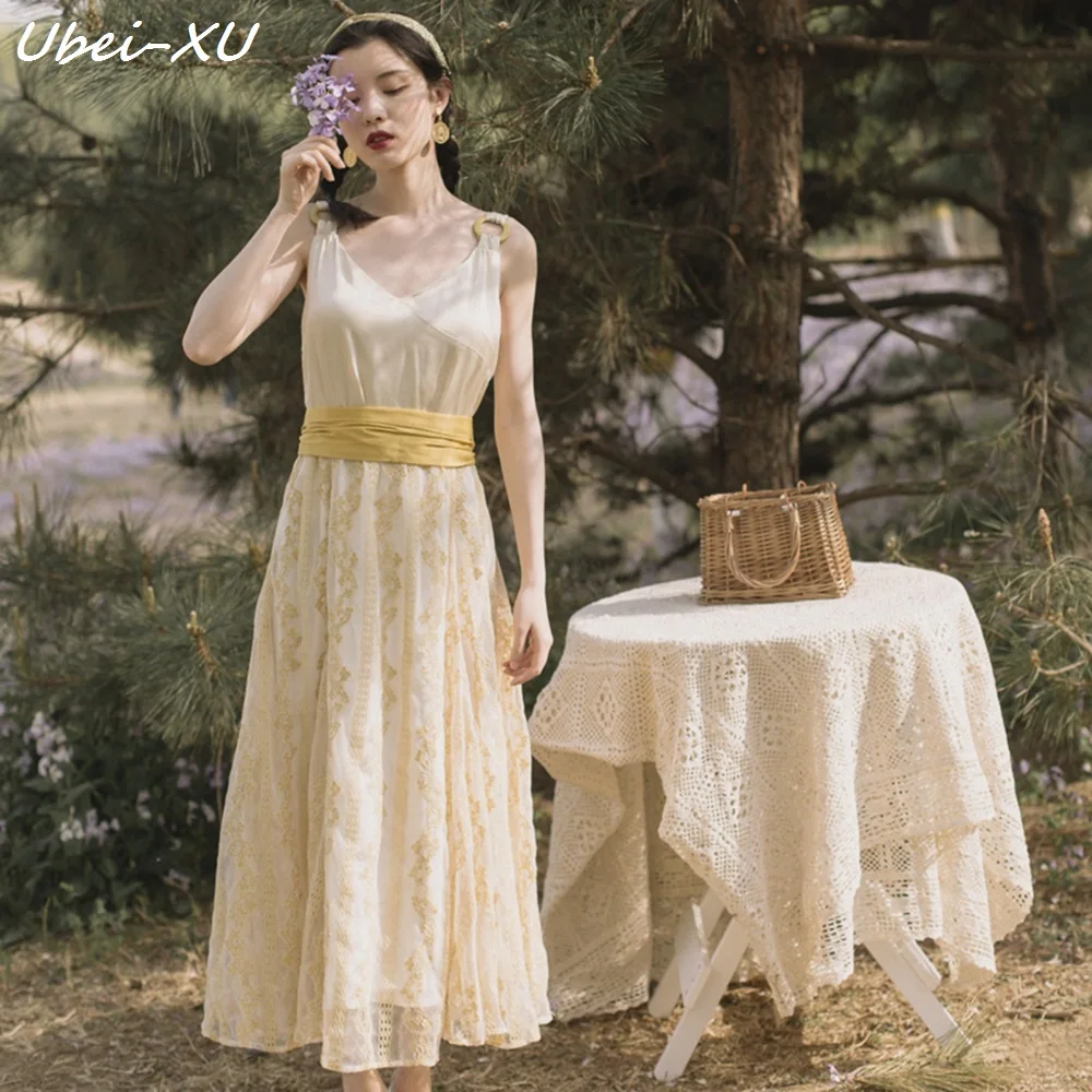 Ubei French vintage skirt high-waisted dress v-neck braces dress summer fairy seaside holiday long dress women
Ubei French vintage skirt high-waisted dress v-neck braces dress summer fairy seaside holiday long dress women