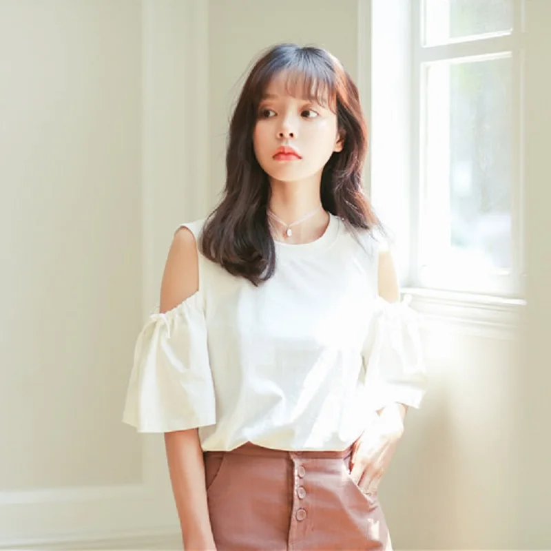 Summer Sweet Girl's Solid Top Brief O Neck Off The Shoulder Women Tee Shirt Flare Sleeve Bandage Cotton Cute T-Shirt
Summer Sweet Girl's Solid Top Brief O Neck Off The Shoulder Women Tee Shirt Flare Sleeve Bandage Cotton Cute T-Shirt