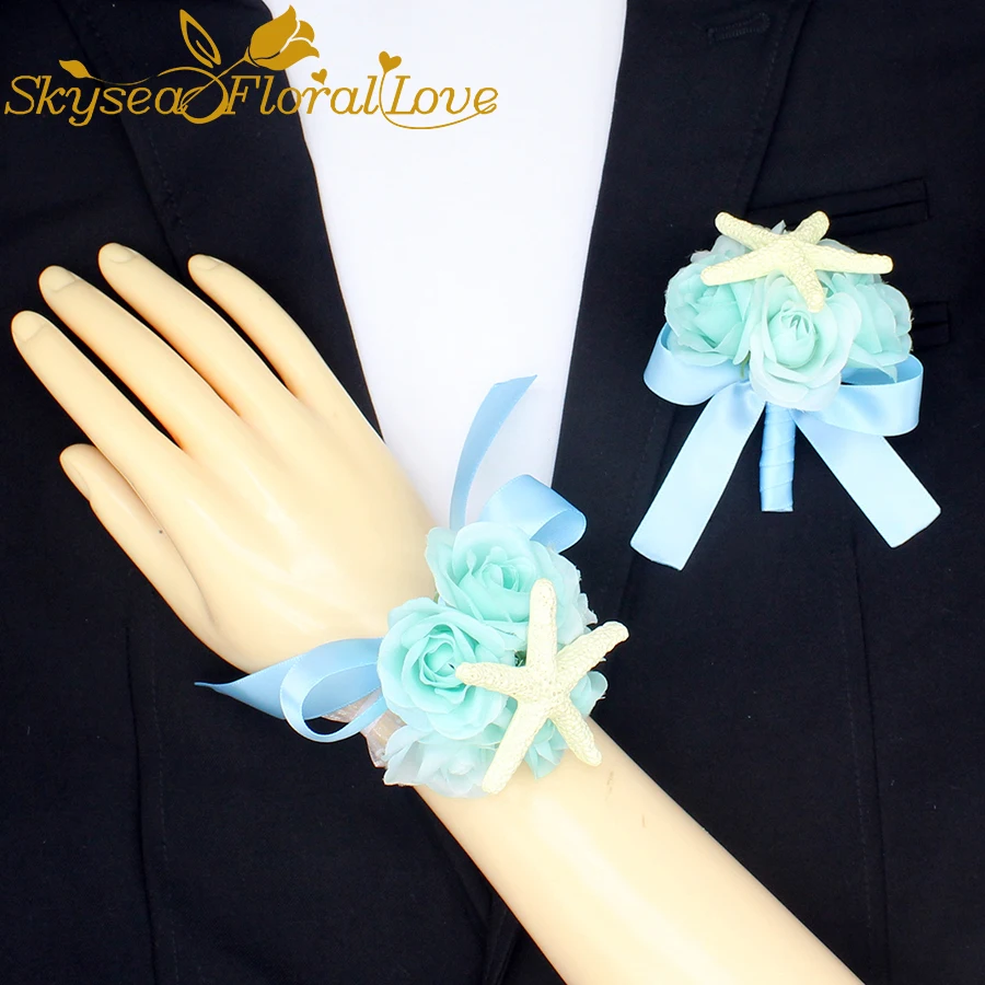 Bride groom wedding corsages and boutonnieres white blue rose starfish flower brooch mini flower bouquet
Bride groom wedding corsages and boutonnieres white blue rose starfish flower brooch mini flower bouquet