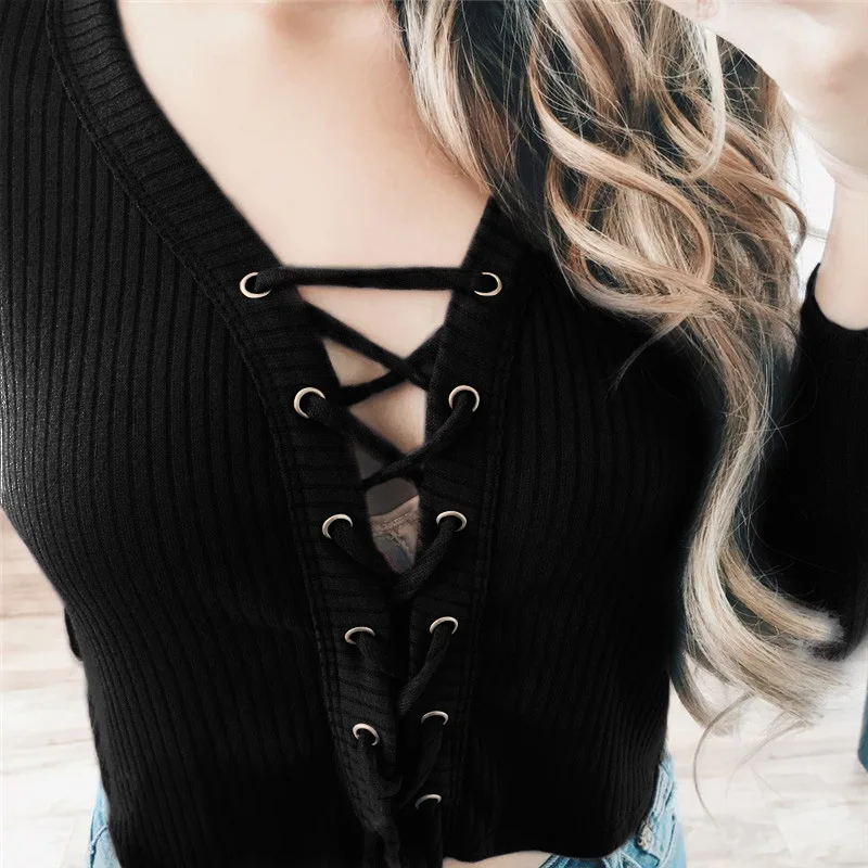 FREE SHIPPING Black Women V neck Short Sweaters Top JKP088