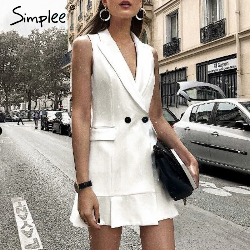 Simplee White blazer work dress women V neck ruffle A line slim sleeveless party dress Office ladies short white dress vestidos
Simplee White blazer work dress women V neck ruffle A line slim sleeveless party dress Office ladies short white dress vestidos