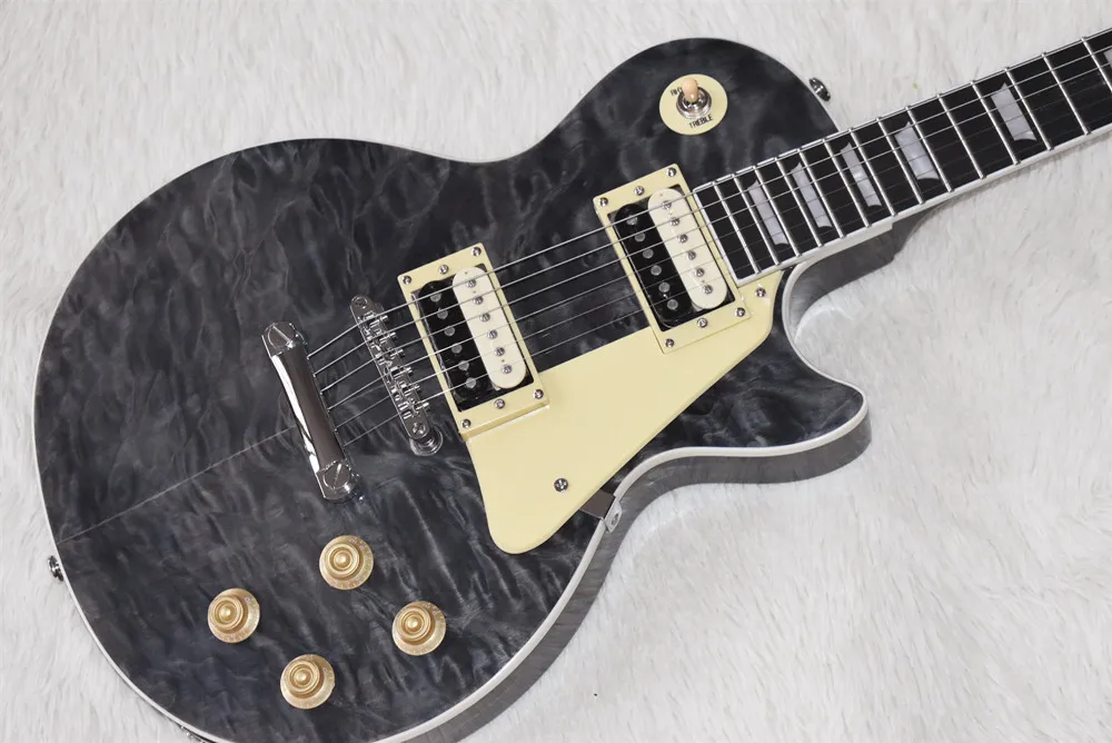 High Quality Gray Electric Guitar with Clouds Maple Veneer, Cream Binding, White Pearl Trapezoid Frets Inlay, Chrome Ironmongery
High Quality Gray Electric Guitar with Clouds Maple Veneer, Cream Binding, White Pearl Trapezoid Frets Inlay, Chrome Ironmongery
