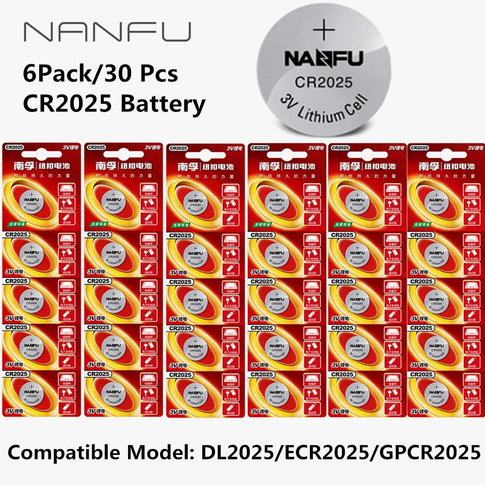 NANFU 6 Pack/30 Pcs 3V Button Battery CR2025 DL2025 ECR2025 GPCR2025 Cell Coin Lithium Li-ion Batteries 20mm*2.5mm
NANFU 6 Pack/30 Pcs 3V Button Battery CR2025 DL2025 ECR2025 GPCR2025 Cell Coin Lithium Li-ion Batteries 20mm*2.5mm