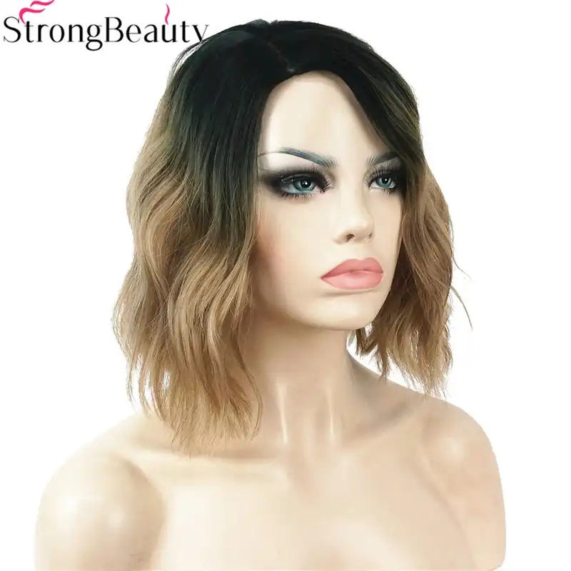 Lvcheryl Natural Dark Roots Ombre Short Wavy Brown Hair Wigs