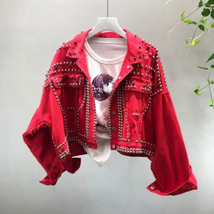 2019 Spring Autumn Women's Red Denim Jacket Coat Heavy Hand Beaded Rivet Short Black Jeans Jackets Students Basic Coats Outfit
2019 Spring Autumn Women's Red Denim Jacket Coat Heavy Hand Beaded Rivet Short Black Jeans Jackets Students Basic Coats Outfit