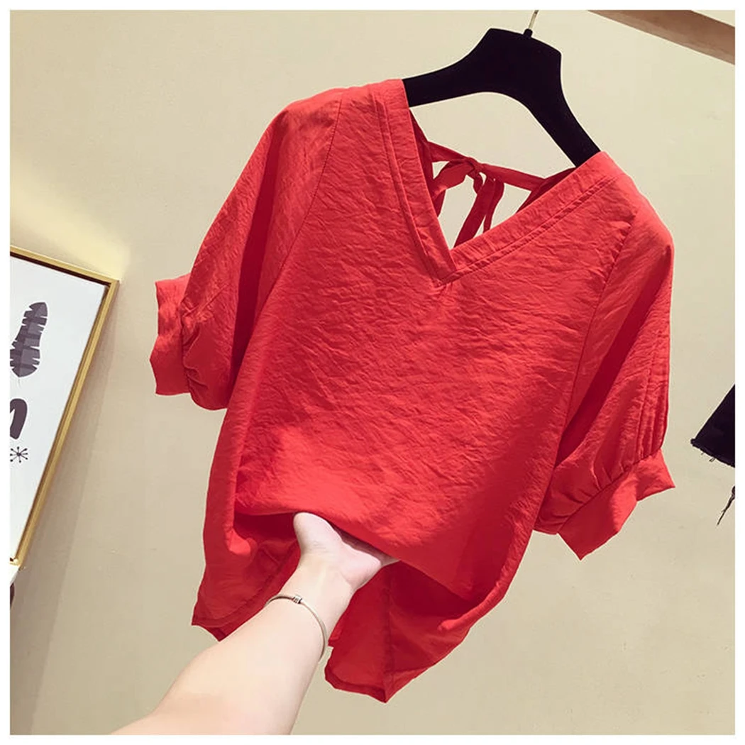 Women Lace Up Back T Shirt Tops 2019 Summer Short Sleeve Solid V-Neck Loose Top Tee Female Casual T-Shirts White Red Yellow
Women Lace Up Back T Shirt Tops 2019 Summer Short Sleeve Solid V-Neck Loose Top Tee Female Casual T-Shirts White Red Yellow