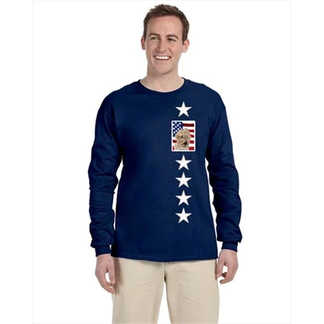 Carolines Treasures SC9643-LS-NAVY-L Golden Doodle 2 With American Flag USA Long Sleeve Blue Unisex Tshirt - Large