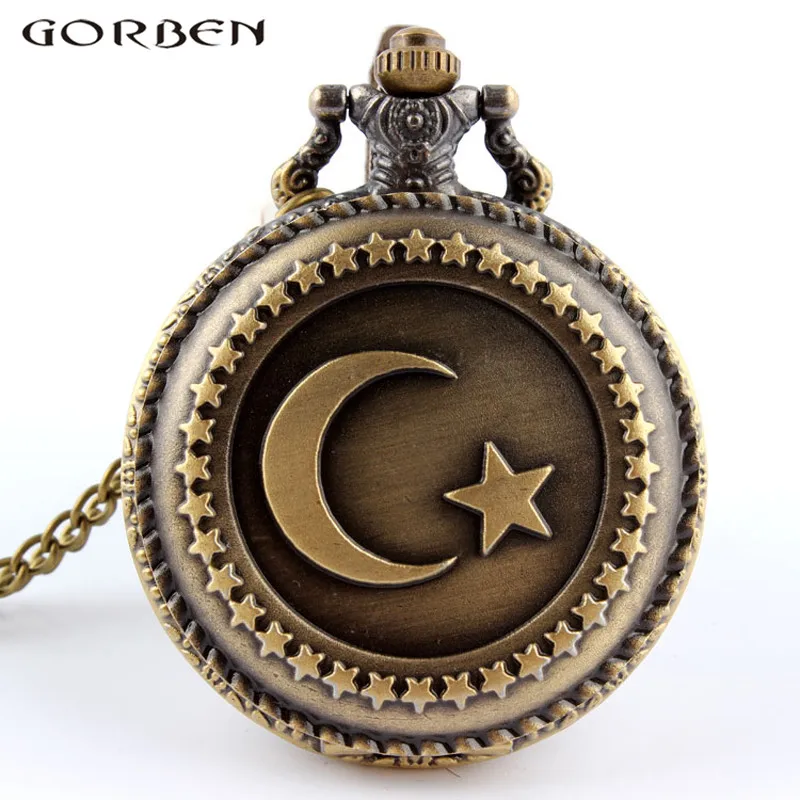 

Retro Bronze Turkey Flag Design Moon Star Circle Quartz Pocket Watch Pattern Vintage Pendant For Men Or Women Nice Gifts Chain