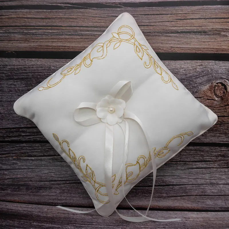 

Ivory Satin Wedding Ring Pillow With Ribbon Bow-Knot Embroidered Gold Flower Ceremony Bearer Cushion Faux Pearls Decor 20x20cm