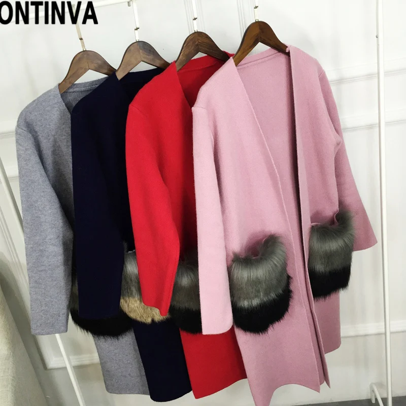 

Women 2019 Fall Winter Cardigan Sweater with Faux Fur Embellished Pocket V Neck Knee-Length Long Sleeve Red Casual Poncho Jumper