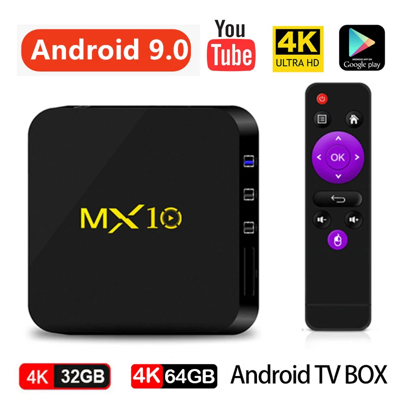 

MX10 TV BOX Android 9.0 TVBOX Ram 4GB Rom 64GB RK3328 Quad Core 64Bit Mini PC 4K 3D USB 3.0 H.265 HDR VP9 2.4G Wifi Media Player