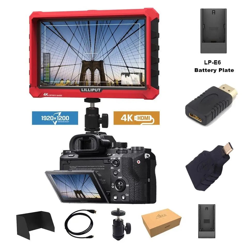 Lilliput A7S 7 Inch Utra Slim IPS Full HD 1920x1200 4K HDMI On-camera Video Field Monitor for Camera with LP-E6 Battery plate
Lilliput A7S 7 Inch Utra Slim IPS Full HD 1920x1200 4K HDMI On-camera Video Field Monitor for Camera with LP-E6 Battery plate