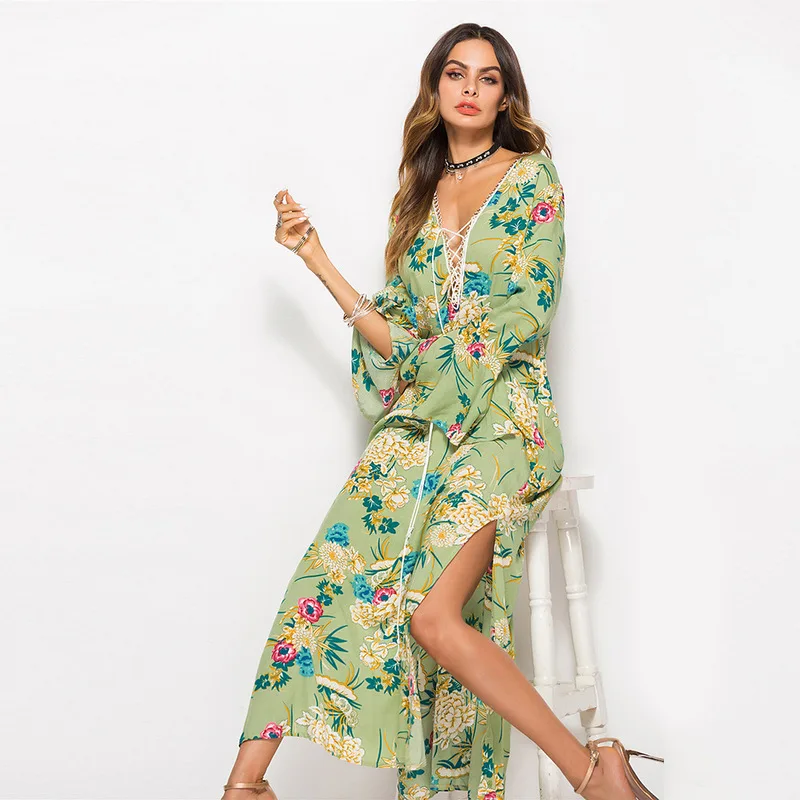 

Beach Outings For Women 2019 Women's Tunic Tunics Woman Beachwear Covered New Dresses Flared Long Sleeve Printed Forked Print