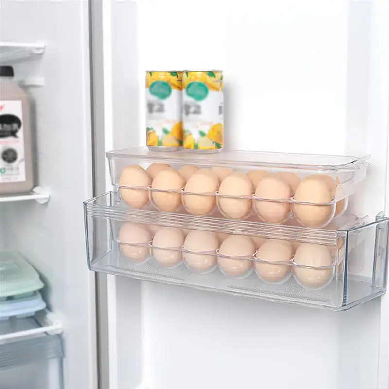 White Egg Tray for Refrigerator,15 Eggs Tray Holder with Lid,Portable Shatter-proof Covered Egg Container//Box//Case//Carrier//Crate//Dispenser for Camping,Plastic Stackable Storage Organizer//Bin