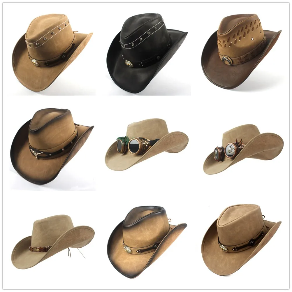 

100% Leather 9 Stlye Western Cowboy Hat For Women Men Fedora Hat Gentleman Dad Cowgirl Sombrero Hombre Jazz Caps Size 58-59CM