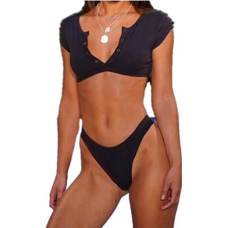 Sexy Swimwear Women Crop Top Button V Neck Bikini Set Short Sleeve Swimsuit Thong Bathing Suit Swimwear Beachwear
Sexy Swimwear Women Crop Top Button V Neck Bikini Set Short Sleeve Swimsuit Thong Bathing Suit Swimwear Beachwear