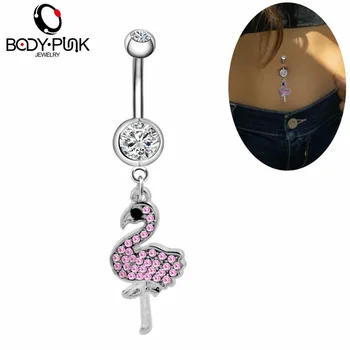 BODY PUNK Summer Hot Steel Pink CZ Flamingo Body Piercings Jewelry Navel Ring Belly Button Rings Fake Percing Ombligo/Nombril