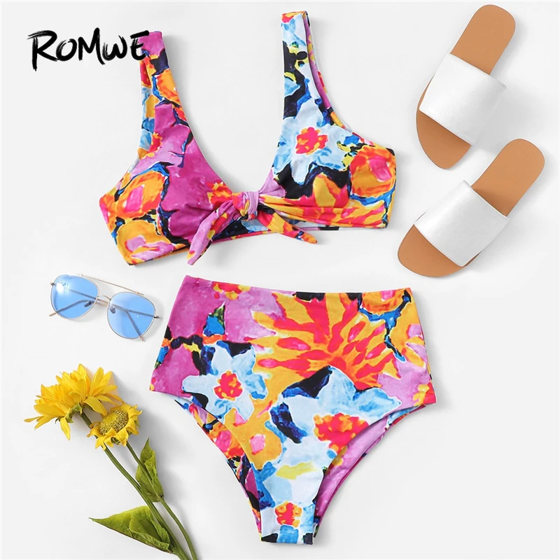 Romwe Sport Floral Print Wireless Bikini Top and High Waist Bottoms Two-Pieces Suit Women Knot Front Swimming Pool Swimwear
Romwe Sport Floral Print Wireless Bikini Top and High Waist Bottoms Two-Pieces Suit Women Knot Front Swimming Pool Swimwear
