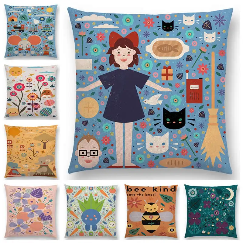 

Interesting Prints Throw Pillow Case Animals Flowers Sun Moon Stars Elephant Rabbit Cat Bee Deer Fairy Cushion Cover Sofa