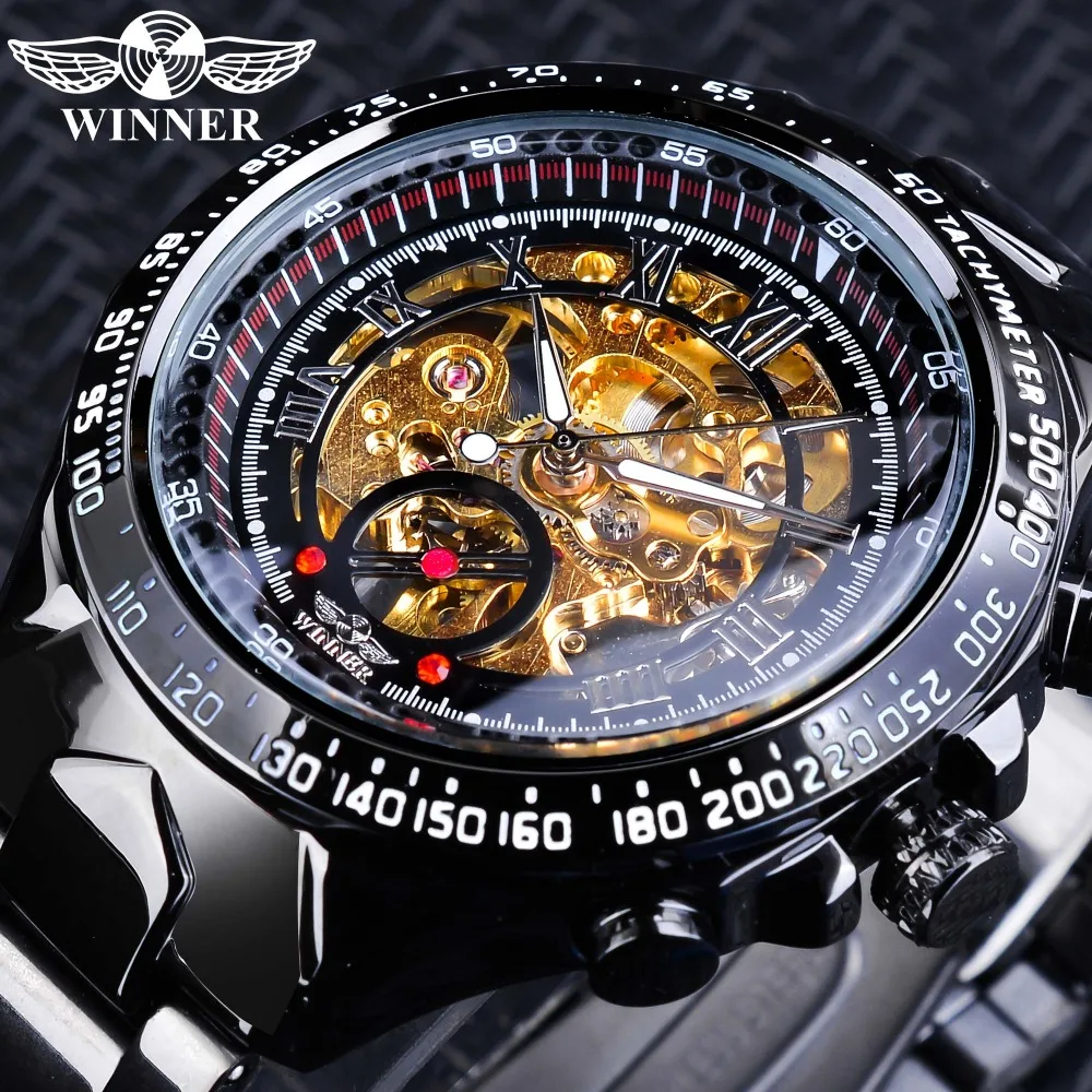 

Winner 2019 Sport Watches Black Golden Skeleton Mechanical Wrist Watch for Men Top Brand Luxury Luminous Hands Steampunk Clock