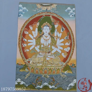 

Christmas Thangka brocade silk painting embroidery Tibetan Buddha gold silk Thangka multi-armed Goddess of Mercy Halloween