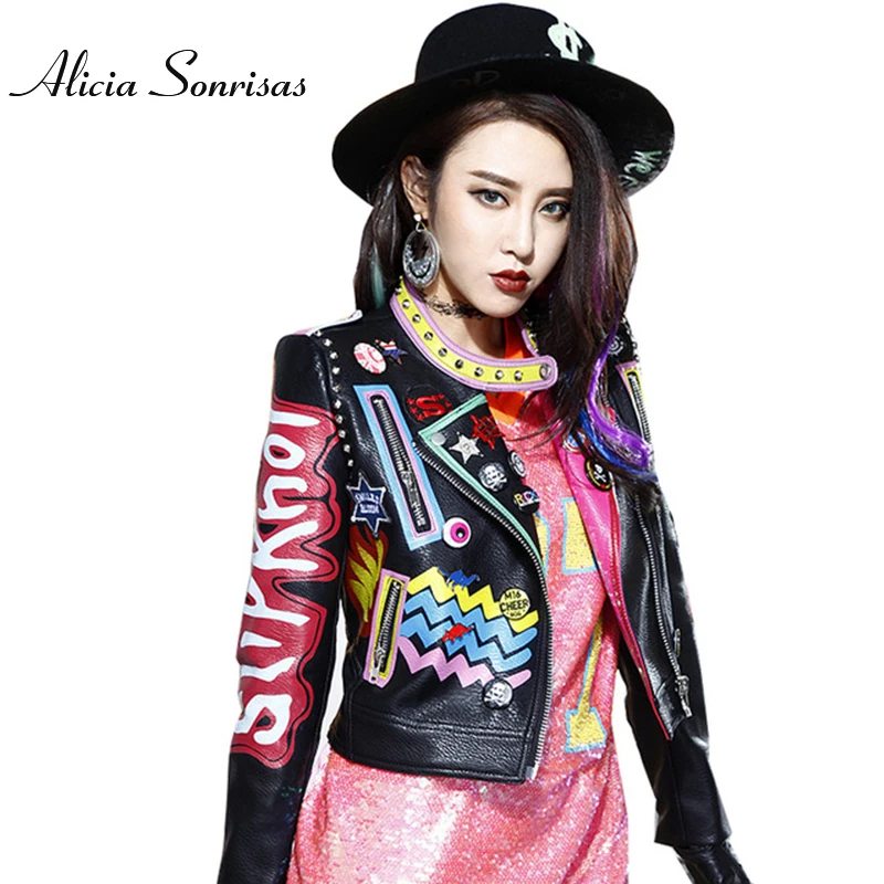2017 Spring Leather Jacket Women Letter Print Graffiti Rivets Street Coats Epaulets Biker Motorcycle Cazadora Cuero Mujer BY6025
2017 Spring Leather Jacket Women Letter Print Graffiti Rivets Street Coats Epaulets Biker Motorcycle Cazadora Cuero Mujer BY6025