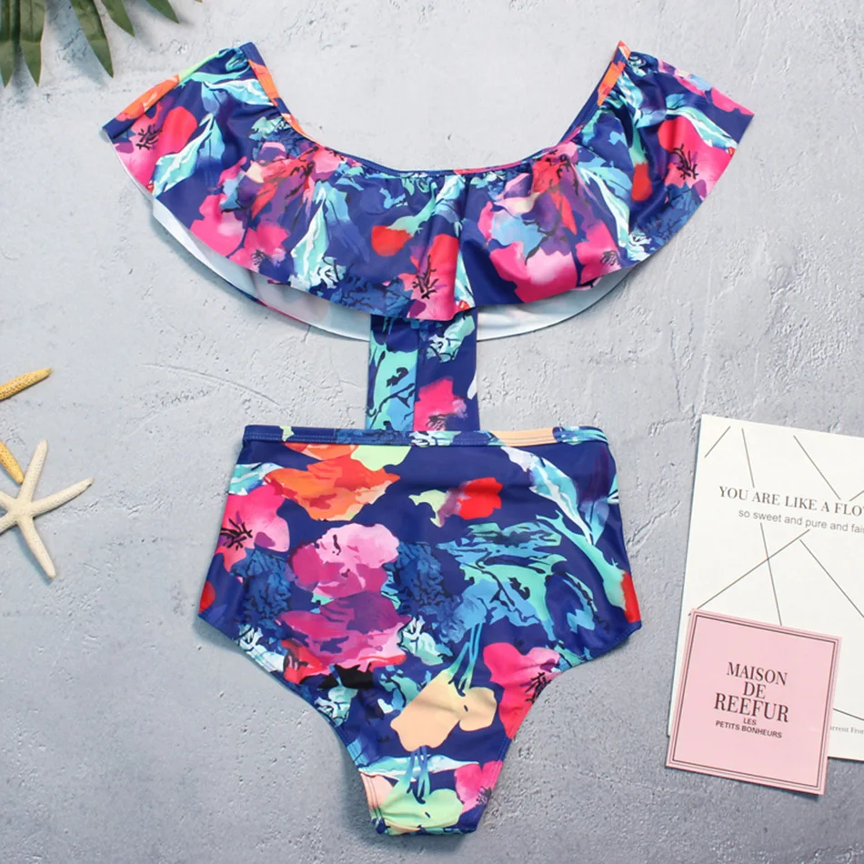 Women Sexy Floral Print Off The Shoulder Ruffle Conjoined Swimsuit Monokini Swimwear Brazilian Bathing Suits Beach Wear Female back