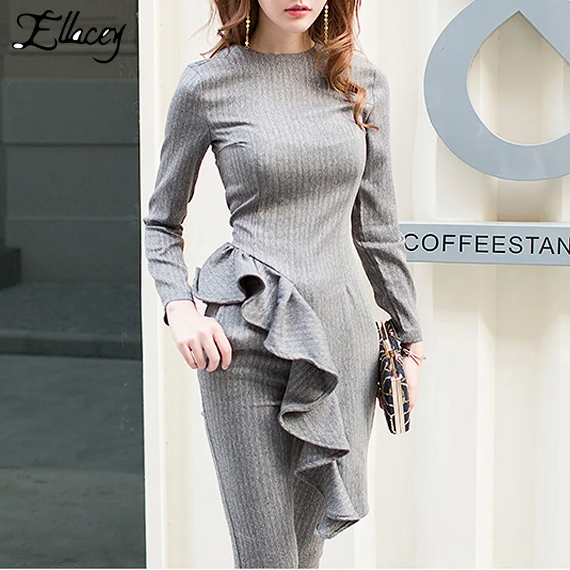 Ellacey Spring Autumn Ruffles Two Piece Outfits Gray Women's Tracksuits Top and Pants Suits Ladies Pencil Pants 2 Pieces Set
Ellacey Spring Autumn Ruffles Two Piece Outfits Gray Women's Tracksuits Top and Pants Suits Ladies Pencil Pants 2 Pieces Set