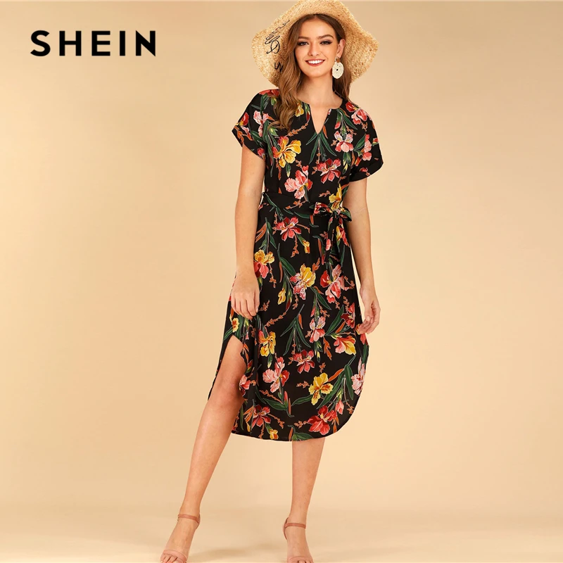 

SHEIN Boho Floral Print Notched Neck Belted Curved Hem Midi Shirt Dress Women 2019 Short Sleeve V Cut Summer Autumn Dresses
