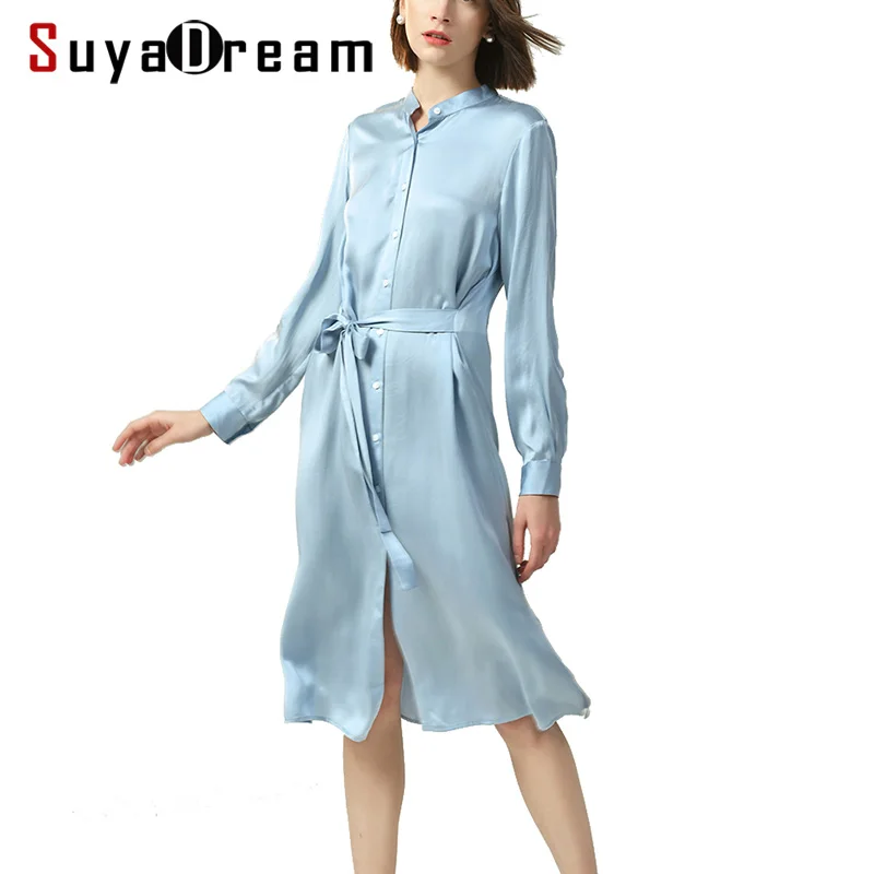 Women OL Dress 100%Real Silk Satin Long Sleeeved Belted Dressed for Women Stand Collar Knee length Button dress 2019 New Spring
Women OL Dress 100%Real Silk Satin Long Sleeeved Belted Dressed for Women Stand Collar Knee length Button dress 2019 New Spring